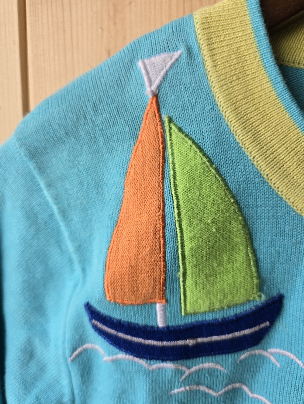 Vintage Rainbow Bridge Sailboat Beach Cotton Cardigan Sweater Teal Womens Small - Picture 6 of 9